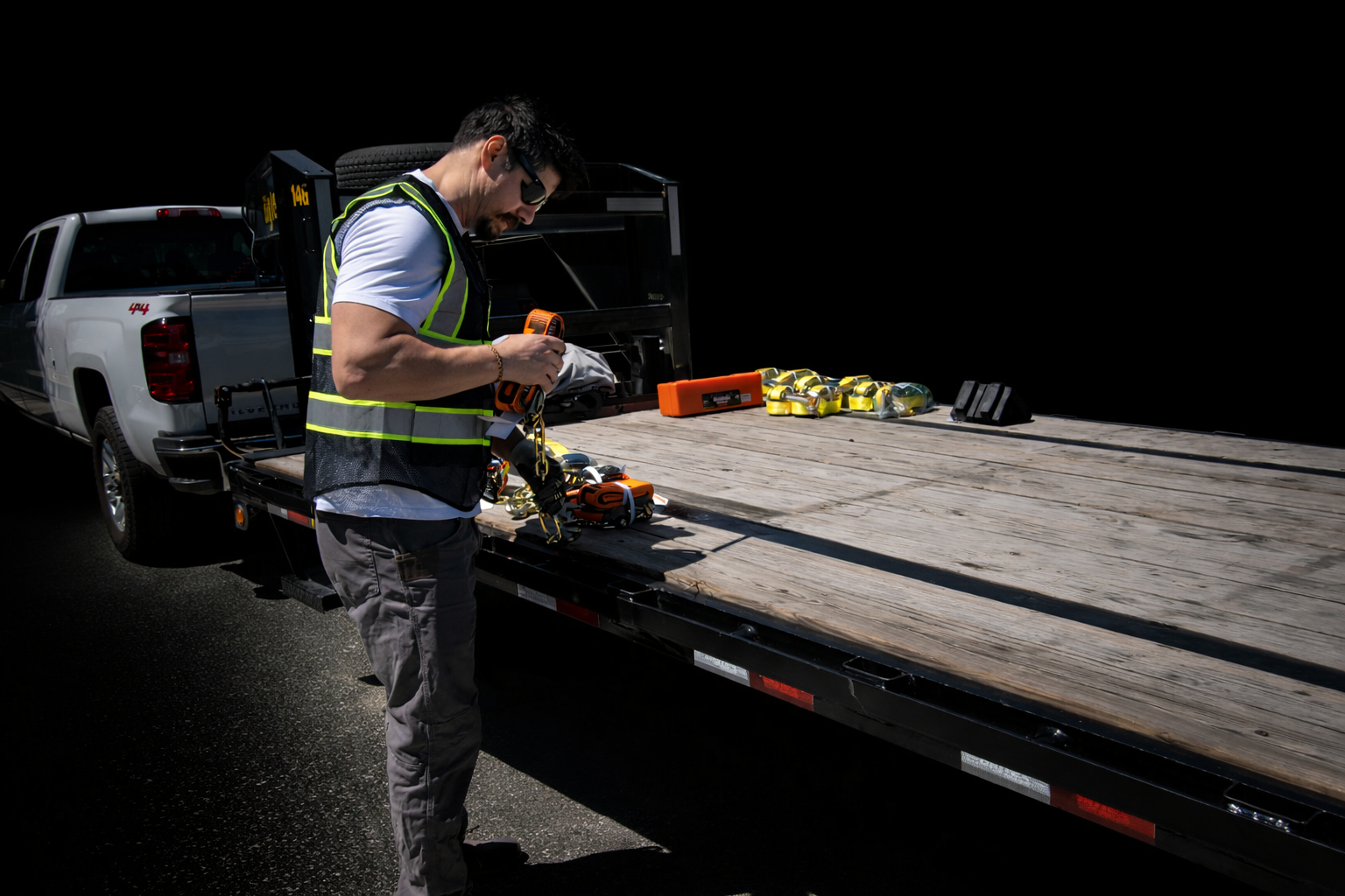 Pacific Titan Logistics owner preparing equipment on the flatbed trailer at night